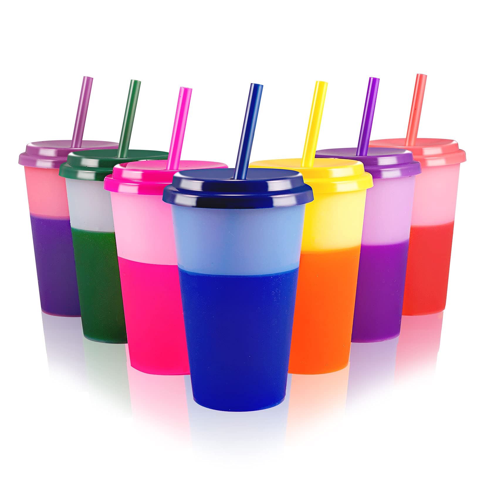 Patinao Cups Tumblers with Lids & Straws - 7 Pack 12 OZ Iced Water Colour Changing Cups for Cold Drinking BPA Free Reusable Plastic Tumbler Set for Party Smoothie Cup Travel Mugs