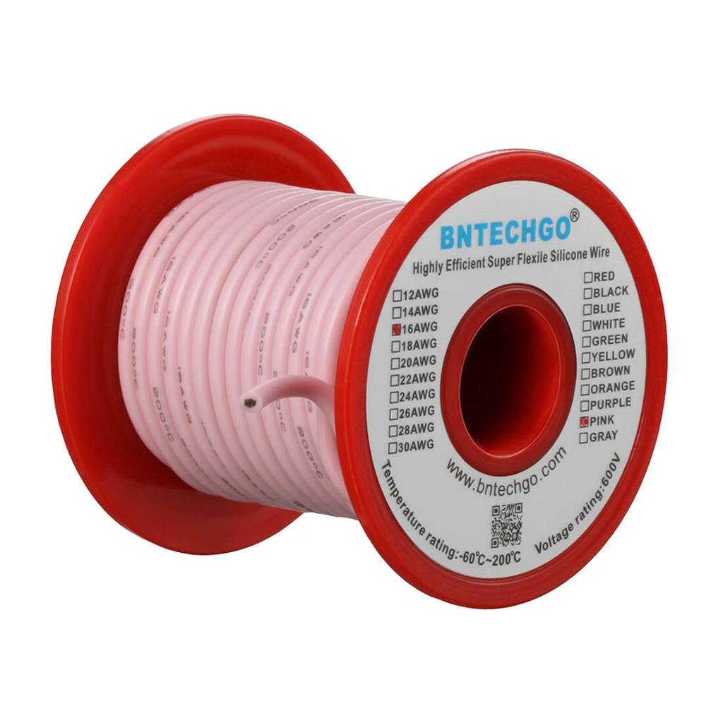 BNTECHGO 16 Gauge Silicone Wire Spool Pink 50 ft Ultra Flexible High Temp 200 deg C 600V 16 AWG Silicone Rubber Wire 252 Strands of Tinned Copper Wire Stranded Wire for Model Low Impedance