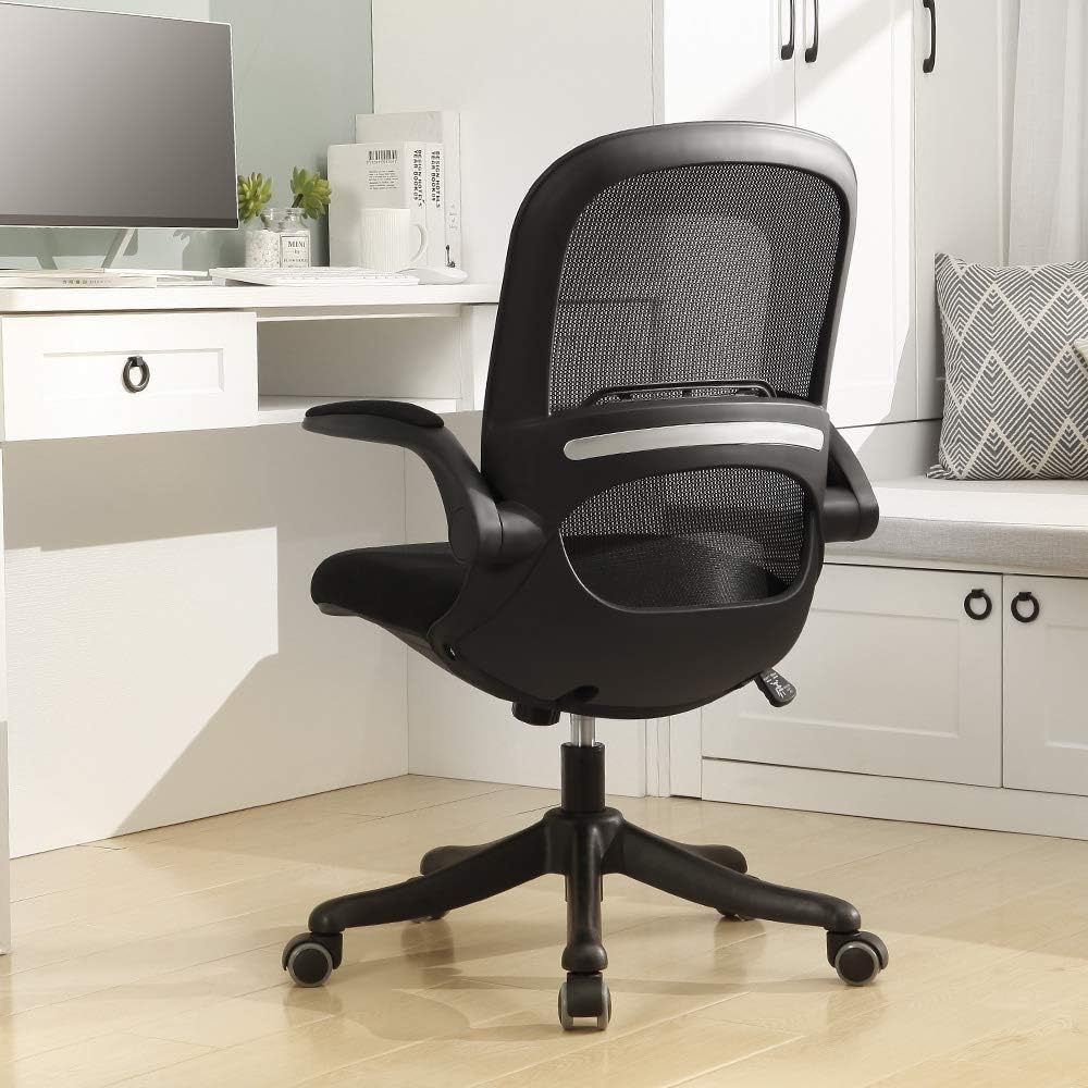 BERLMAN Ergonomic Mid Back Mesh Office Chair with Flip-up Arms and Adjustable Height Desk Chair Anchor Chair Student Chair (Black)