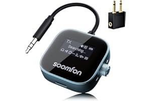 SOOMFON Airplane Bluetooth 5.3 Transmitter for 2 Airpods or Headphones 2-in-1 Airplane Bluetooth Adapter Receiver with LCD Display 3.5mm for Plane Flying Gym Car Home Stereo System