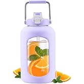 WINSA 100 oz Glass Water Bottle with Straw, 3 Liter, Purple | Gallon Drinking Bottle, With Handle, Silicone Sleeve, For Gym Sports, Wide Mouth