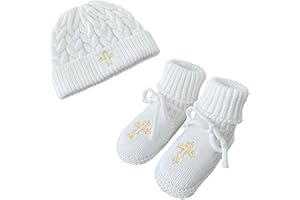 TJCONETJC Crochet Baby Booties & Hat with Cross, Newborn Christening Baptism Outfit Knit Infant Shoes & Cap Gift for Baby Boy Girl 2PCs