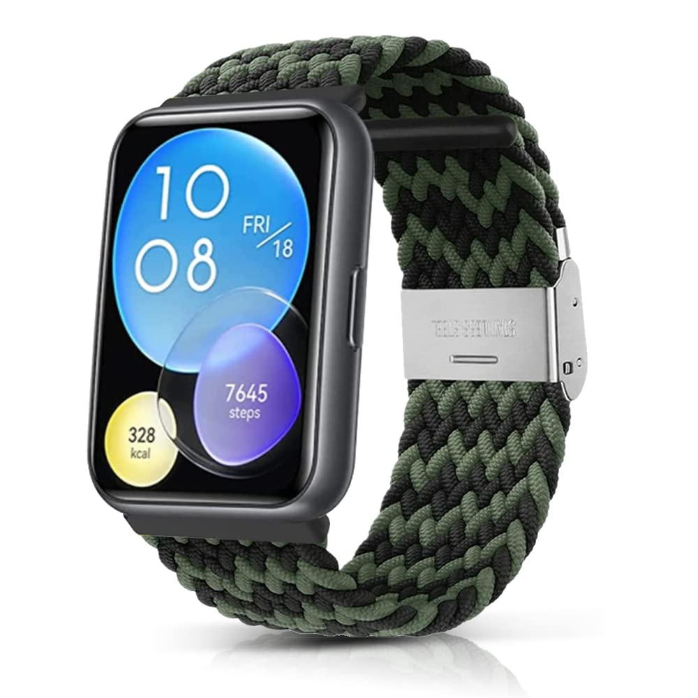 Niboow Strap Compatible with Huawei Watch Fit 2, Women Men Children Elastic Nylon Breathable Braided Watch Bands Compatible with Huawei Watch Fit 2 - Black/Green
