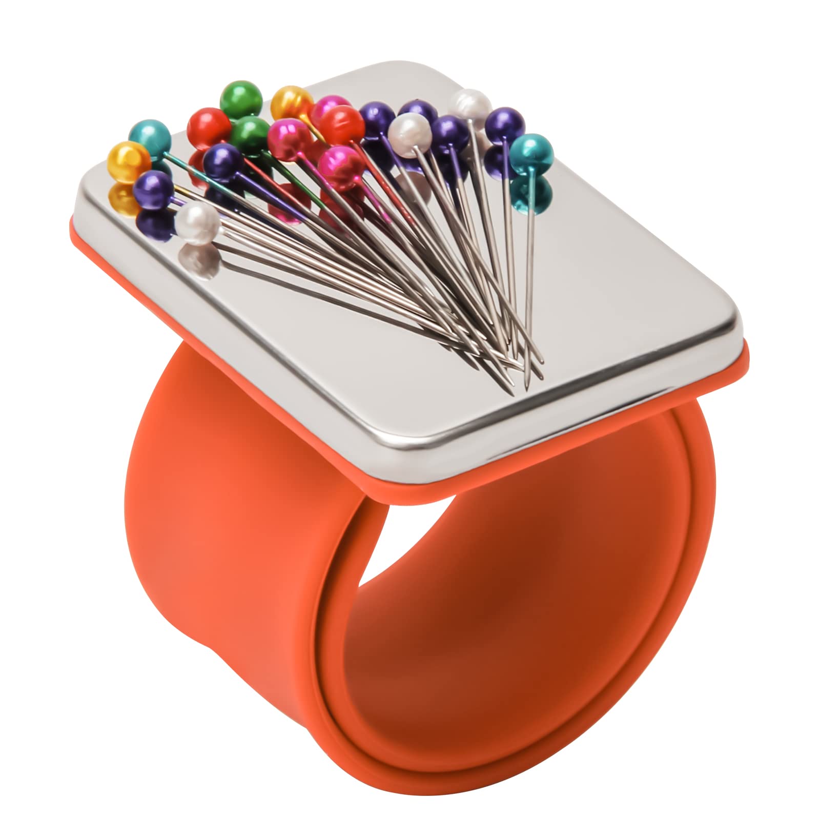 Magnetic Wrist Sewing, Portable Arm Pin Cushion Magnetic Pincushion with Wristband for Sewing Collection, Hair Stylists, and Quilting (Orange)