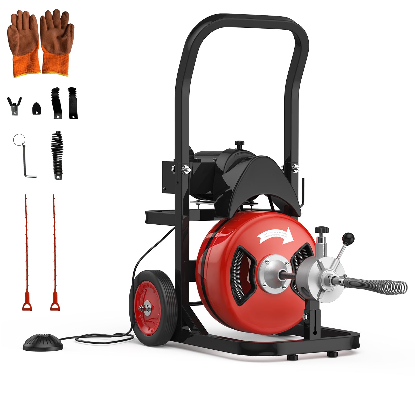 Photo 1 of 100FT Electric Drain Cleaning Machine with 1/2 Inch Cable, 450W Auto Feed Portable Sewer Snake, Air-Activated Foot Switch, 6 Interchangeable Cutters for 2" to 4" Pipes