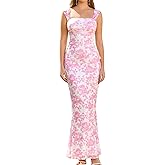 EYNMIN Women's Summer Floral Maxi Dress Square Neck Sleeveless Mesh Bodycon Long Wedding Guest Dresses