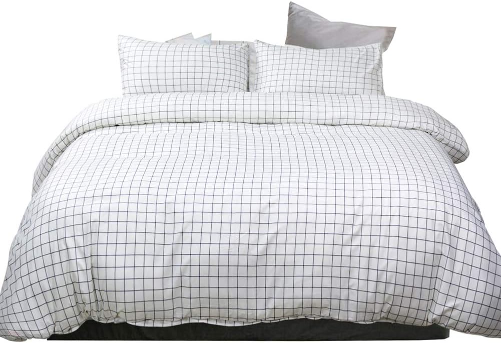 TEALP White Grid Duvet Cover Set 3 Piece Modern Black and White Grid Design Comforter Cover with Zipper Closure Brushed Microfiber Bedding Collections?Queen Size