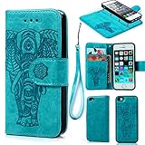 iPhone 5 5S SE Case, iPhone 5 5S SE Wallet Case PU Leather Oil Wax Embossed Elephant Detachable Magnetic Wallet Flip TPU Inner Cover Credit Card Slots for iPhone 5 5s SE Blue