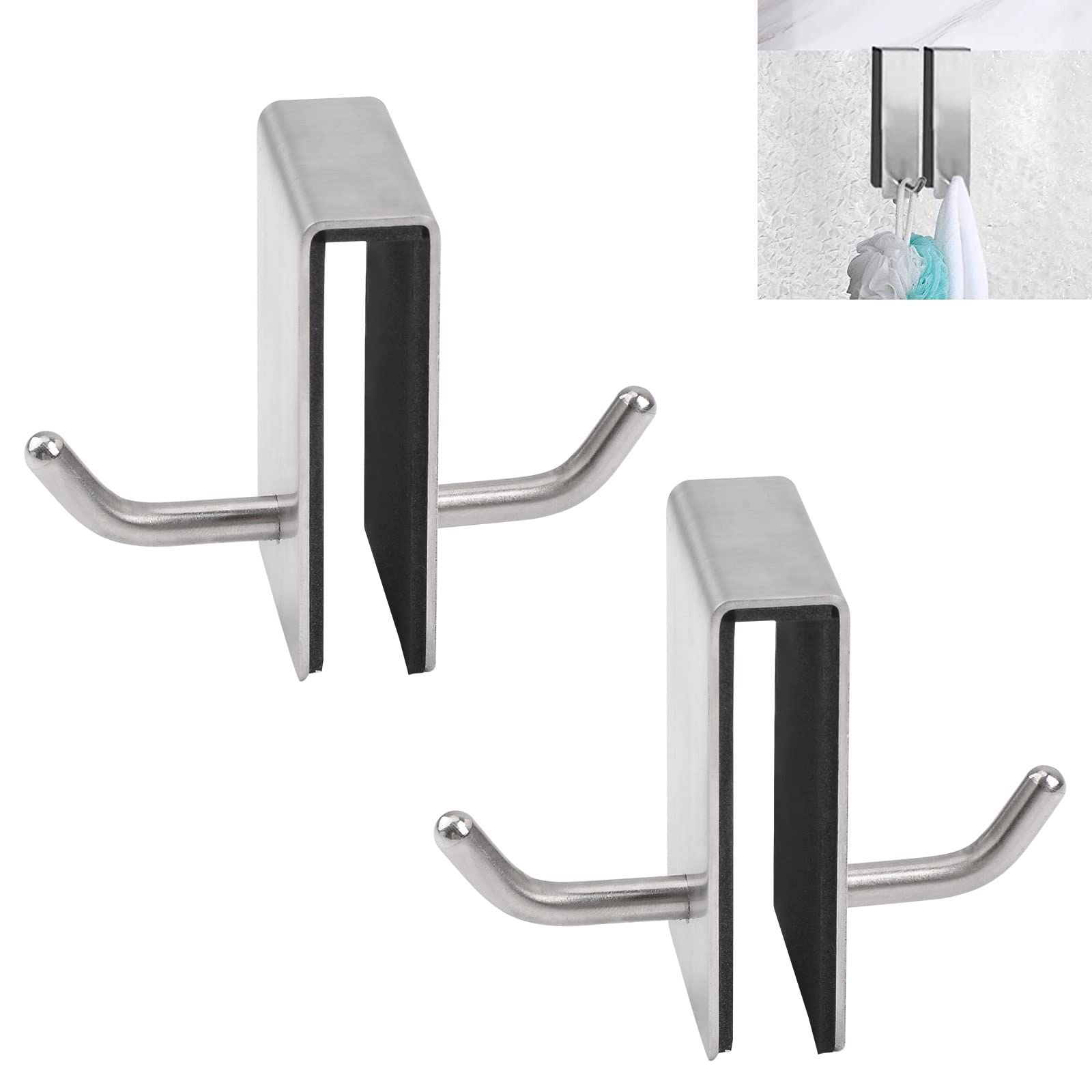UFURMATE Stainless Steel Shower Door Double Hooks - Frameless Glass Hangers for Bathroom Towels (Silver, 2Pcs)