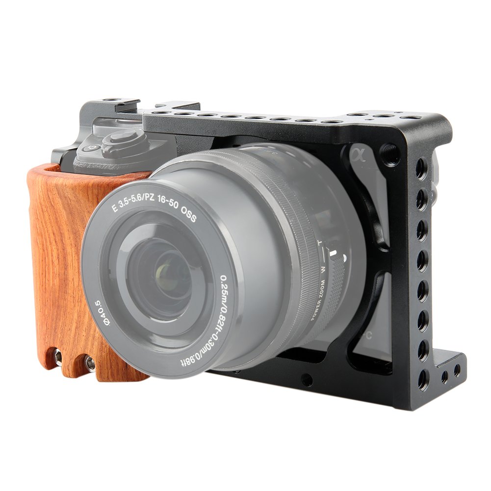 NICEYRIG A6100 A6400 A6300 A6000 Cage with Wooden Handgrip for Sony A6100 A6400 A6300 A6000 ILCE-6000 ILCE-6300 Camera