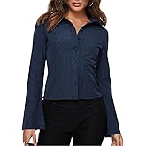 ECHOINE Women Button Down Shirts Long Sleeves Slim Fitted Casual Collared Blouses Work Striped Tops