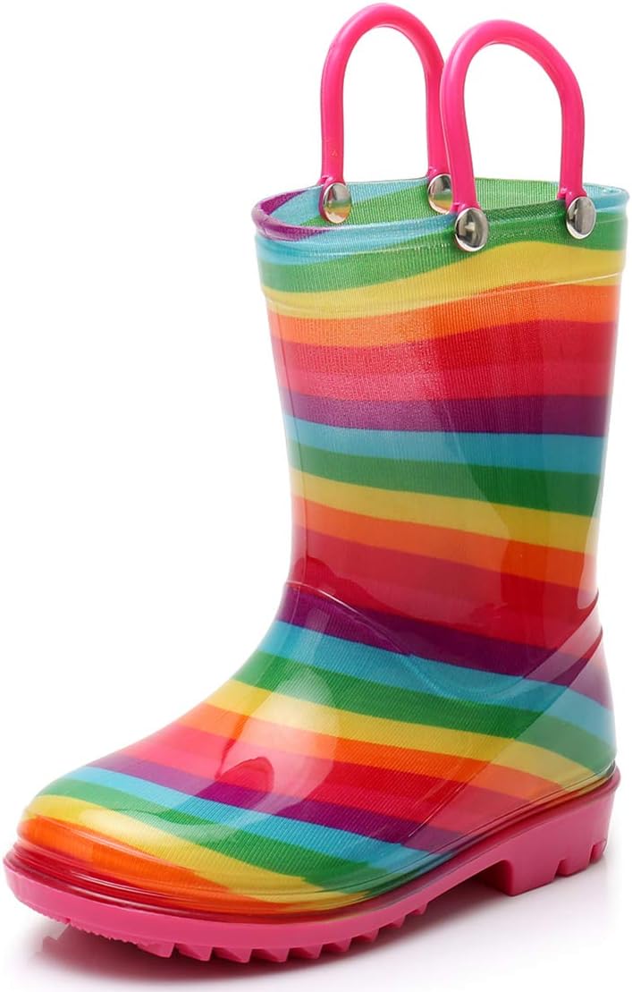 Girl Rainbow Rain Boots Kids Lightweight Cute Waterproof Raining Shoes with Easy-on Handles