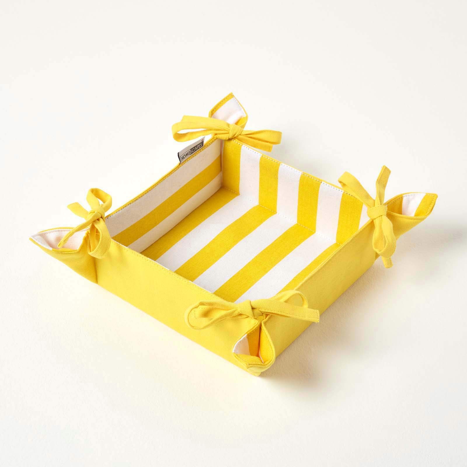HOMESCAPES Reversible Bread Basket Double Design Fabric Yellow Striped Pattern Foldable Basket for Buns Eggs Baked Goods 100% Cotton Cover โ image 1