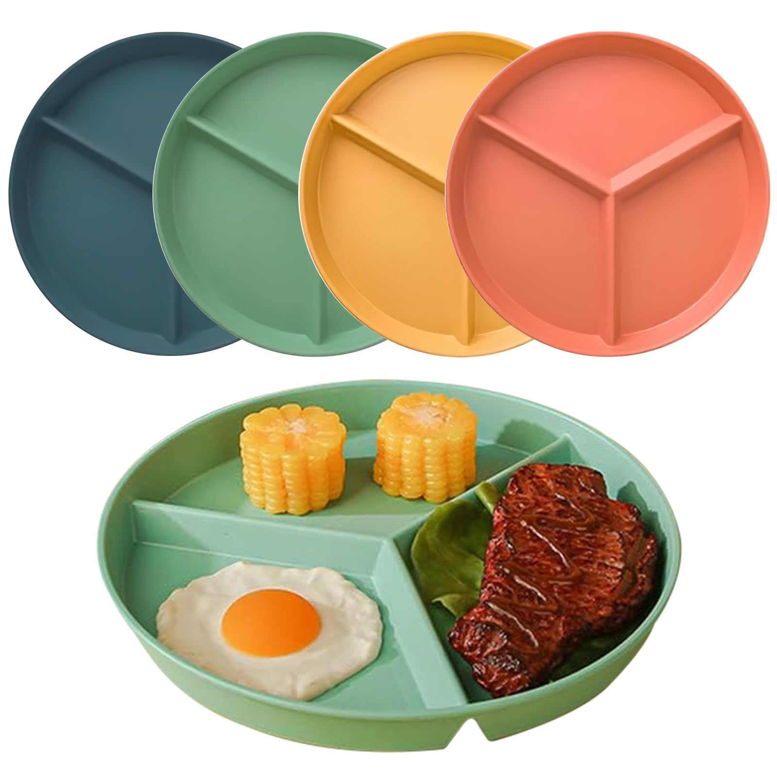 WYTNB 9.6inch Divided Dinner Plates Set, 4Pcs Three Grid Portion Control Plates, Unbreakable Section Plates, Reusable Divided, Plastic Picnic for Kids or Adults