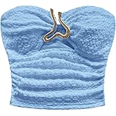 SOLY HUX Women's Summer Tube Tops Strapless Sleeveless Cut Out Ruched Bandeau Y2k Going Out Crop Top Plain Light Blue X-Small