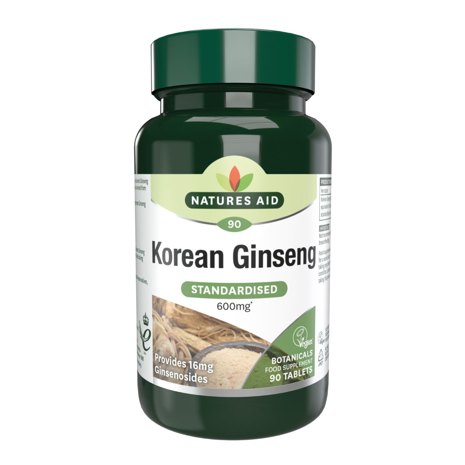 Natures Aid Korean Ginseng 600mg – Supports Energy, Vitality & Immune Health - High Strength Panax Extract with 16mg Ginsenosides – Vegan, Gluten Free, Non-GMO – 90 Tablets