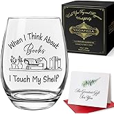 When I Think About Books I Touch My Shelf Wine Glass, Funny Gifts for Book Club, Unique Wine Glass Gifts for Readers, Book Lover Birthday Gifts, Christmas Gift for Book Lover Wine Glass 15oz with Card