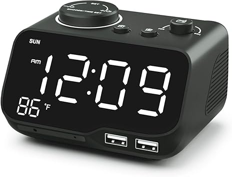 Amazon Com Buffbee Radio Alarm Clock Dual Alarm With Weekday Weekend Mode Dual Usb Charger 0 100 Ddimmer Auto Off Radio Timer Snooze Temperature Adjustable Volume Small Clock For Bedrooms Bedside Electronics