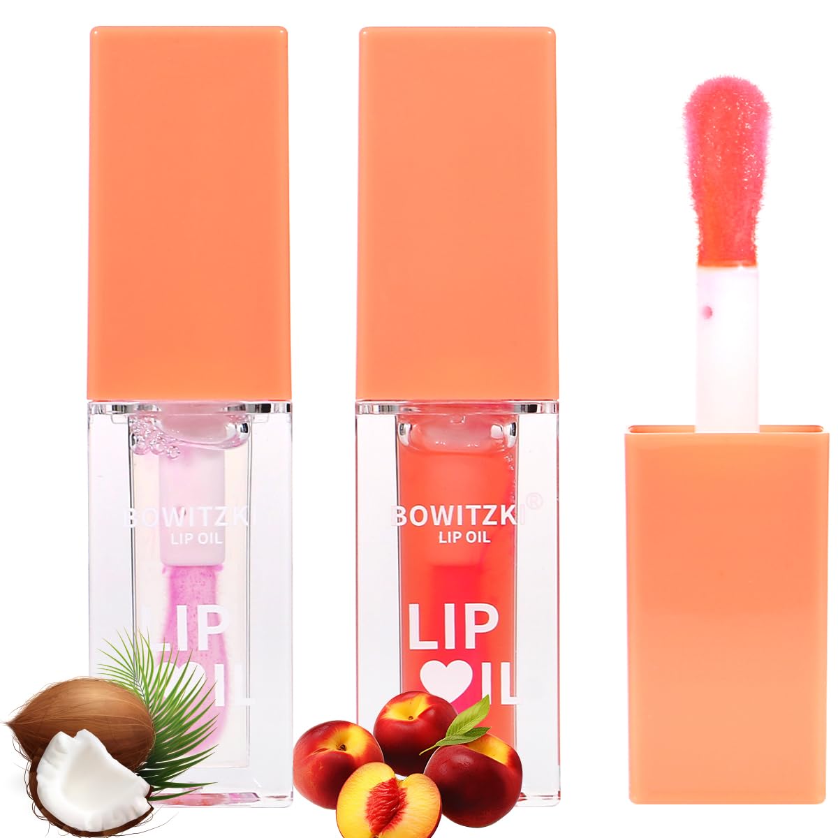 Bowitzki Lip Oil Lip Glow Gloss Hydrating Transparent Tinted Nourishing Long Lasting Lip Balm Care Moisturizing Repairing Lightening Lip Lines Blue lotus Tocopherol Squalane (Coconut+Peach)