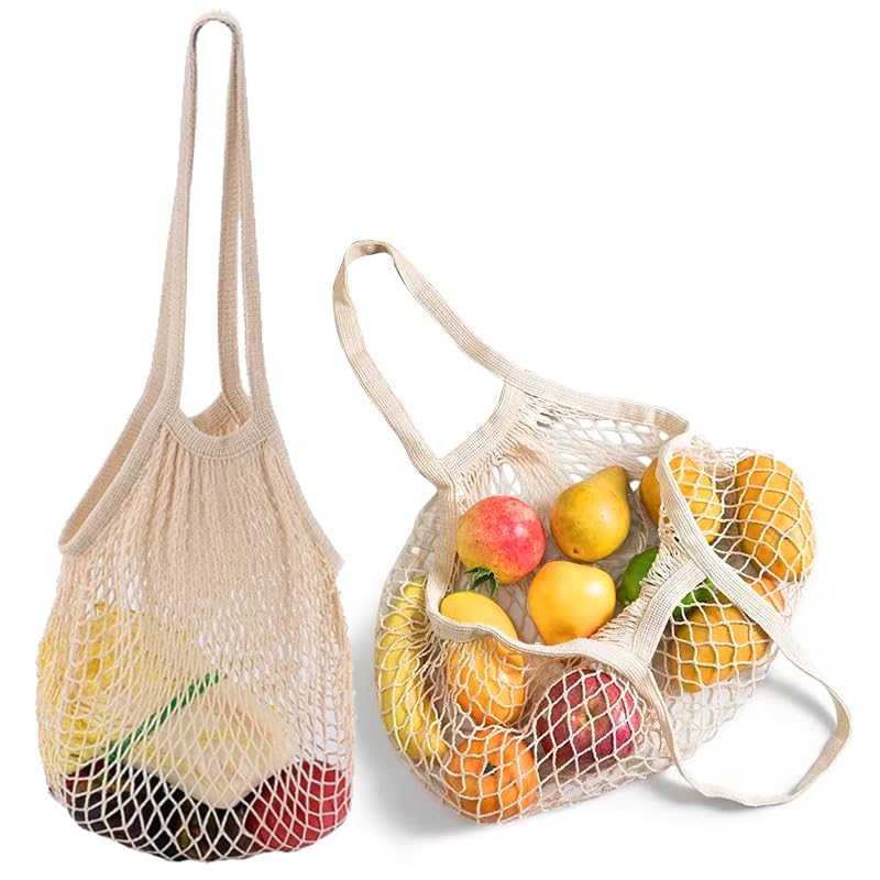 BRITECO 2Pcs String Bag - Reusable Mesh Produce Bags, Eco-Friendly Net Bags for Fruits & Vegetables, Lightweight and Washable Grocery Shopping Bags