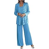 Senunlia 3 Pieces Chiffon Mother of The Bride Pant Suits for Wedding Sequin Grandmother of The Bride Pant Suits with Jacket