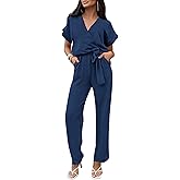 PRETTYGARDEN Women's One Piece Jumpsuits Dressy Casual Summer Short Sleeve Wrap V Neck Wide Leg Pants Romper Spring Clothes