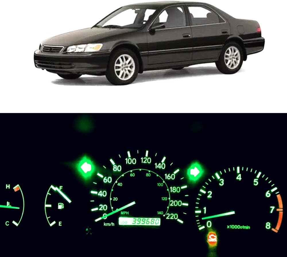 WLJH High Bright Green Instrument Panel Cluster Gauge Speedometer Tachometer Indicator Warning Lamp Bulb Full Led Light Kits Package for 1997-2001 Toyota Camry, Pack of 29