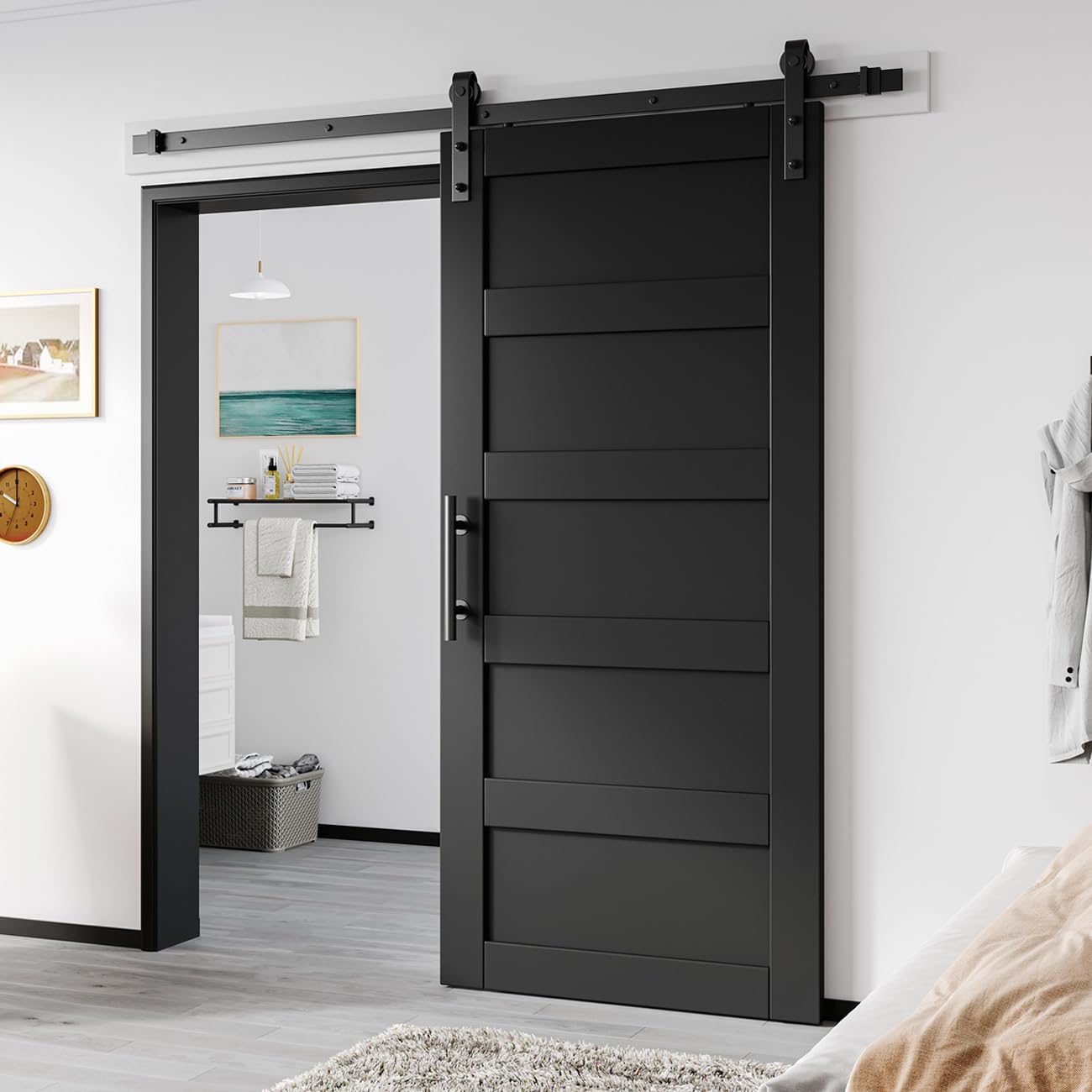 Photo 1 of 36" x 84" Black Sliding Barn Door with Hardware& hanlde kit, Pre-Assembled Doors, 5 Panels,Pine Wood MDF Board & Waterproof PVC Covered, Door is Assembled