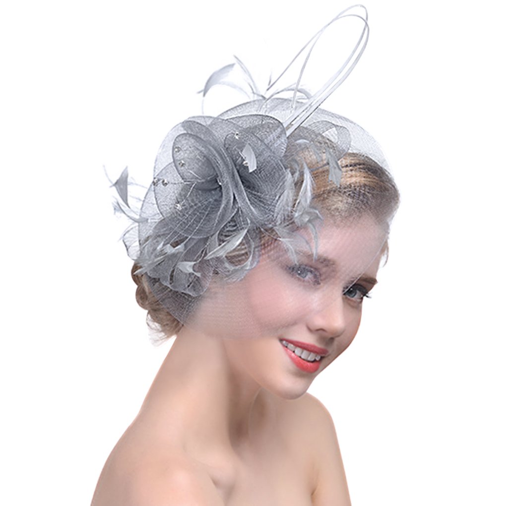 Women Girls Fascinator Hat Flowers Mesh Looped Veil Feather
