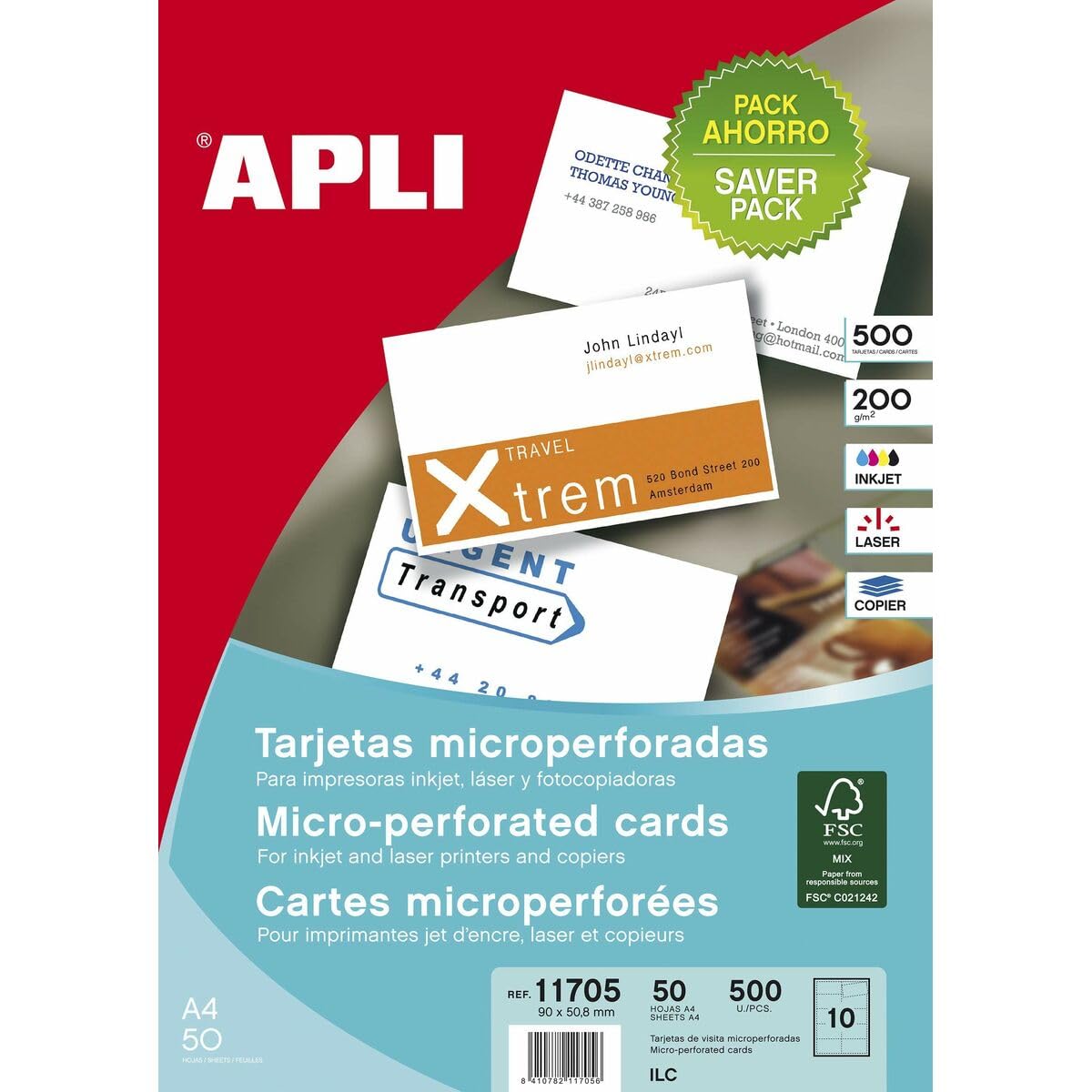 APLI Business Cards Inkjet/Laser/Copier Micro-Perforated 90 x 50.8 mm 200 g Matte 50 Sheets