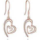 NIFUNAO Heart Dangle Earrings for Women Rose Gold Plated 925 Sterling Silver Dangling Heart Earrings for Mom