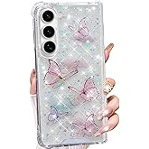 Changjia for Samsung Galaxy Z Fold 7 Clear Glitter Butterfly Case,Cute Bling Sparkle Shiny Stars Soft TPU Silicone Four Corners Shockproof Women Girls Protective Phone Case for Galaxy Z Fold 7 5G,Pink