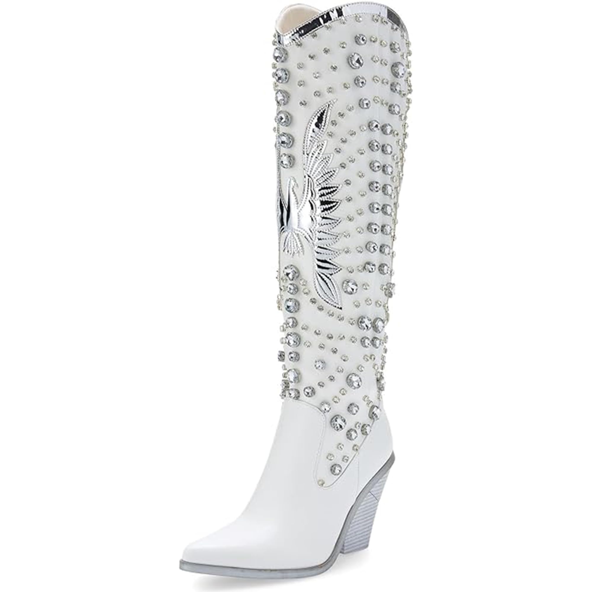 Photo 1 of WIRALOMI Rhinestone Cowboy Boots for Women Eagle Parttern Cowgirl Boots Chunky Heel Knee High Western Long Boots