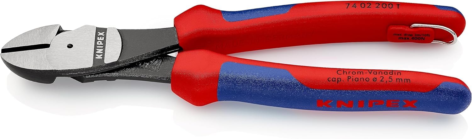 KNIPEX 74 02 200 T High Leverage Diagonal Cutter Black atramentized with Multi-Component Grips, with Integrated Tether Attachment Point for a Tool Tether 200 mm
