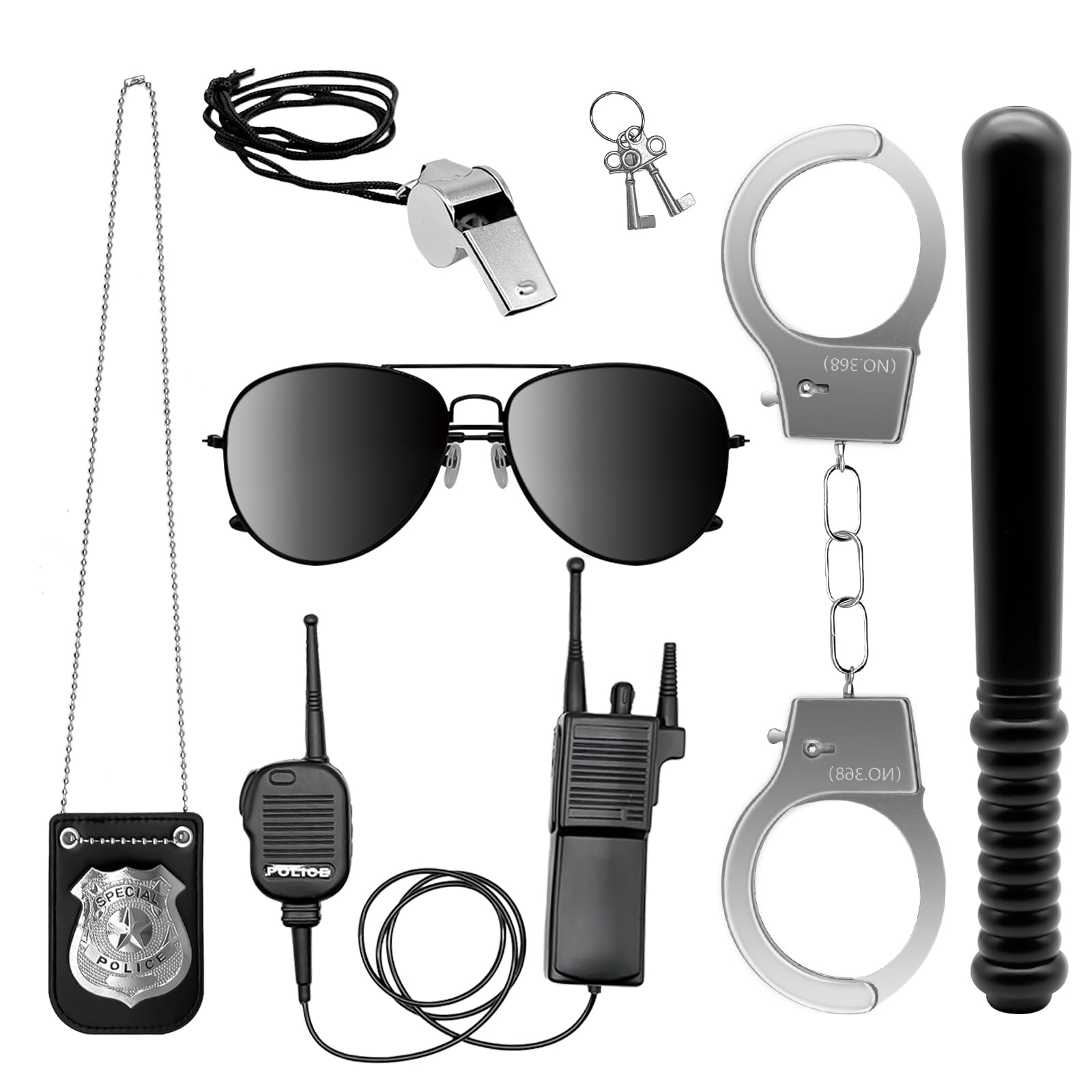 Photo 1 of 6 PCS Police Pretend Play Toy Set,Police Officer Costumes with Handcuff Sunglass Badge Baton Whistle,for Halloween Kids Role Play Set Cop Detective Accessories Black