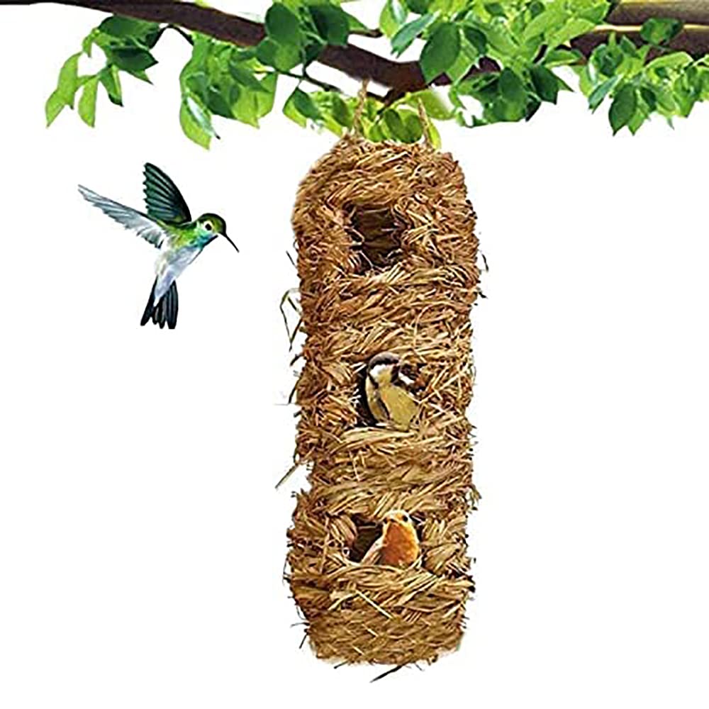 ANCLLO Hanging Grass Birdhouses Bird House for Outside Bird Roosting Pocket Songbirds House Grass Bird Hut with 3 Holes
