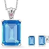 925 Sterling Silver Swiss Blue Topaz and Pink Lab Grown Diamond Pendant and Earrings Jewelry Set For Women (17.43 Cttw, Gemstone November Birthstone, Emerald Cut 18X13MM and 6X4MM, with 18 Inch Chain)