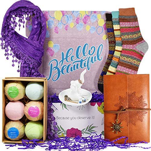 Birthday Gift Baskets for Women - Includes Journal for Women, Ring Holders for Jewelry, Bubble Bath for Women, Warm Socks, and Womens Scarves for Wife, Friend, Aunt, Sister, Daughter - Thumbnail 7