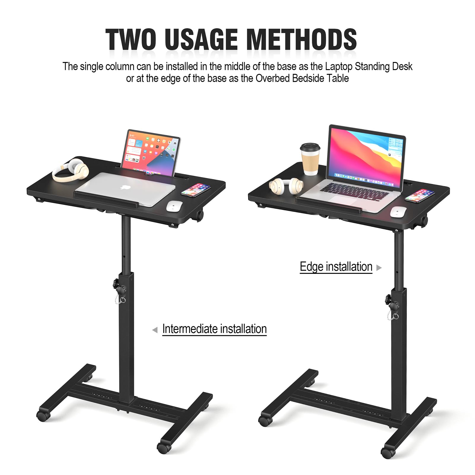 Adjustable Overbed Bedside Table, Hospital Bed Table with Wheels, Portable Rolling Desk, Mobile Small Standing Desk, Rolling Laptop Stand, Computer Cart