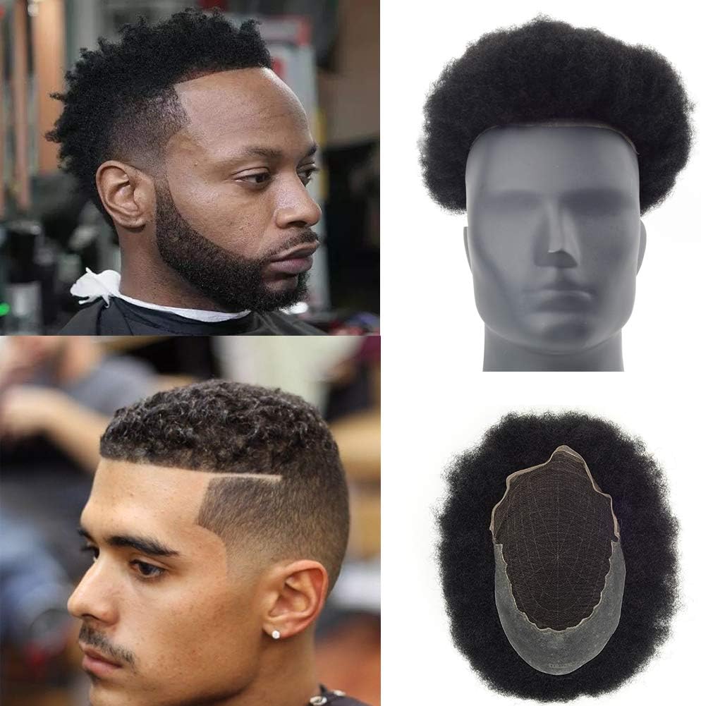 Lordhair Afro Toupee Hairpiece with 100% human hair for Men 10x8 inch French Lace Base with PU Around Afro Wig Men Color #1B