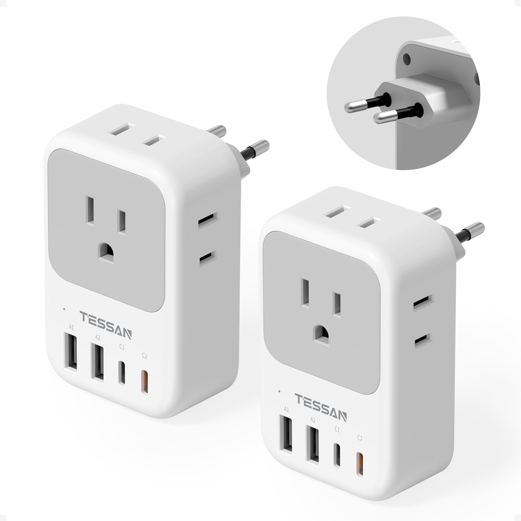 Photo 1 of TESSAN European Travel Plug Adapter 2 Pack, PD 20W Adapter for Europe Plug with 4 AC Outlets 4 USB (2 USB C), Type C Adaptor for US to Europe, Italy, Spain, France, Portugal, Greece, Iceland, Germany