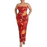 Floerns Women's Plus Size 2 Piece Outfit Flower Crop Tube Top and Maxi Skirts Set