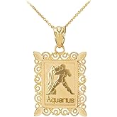 10K Yellow Gold Filigree-Style Rectangular Frame Zodiac Sign Pendant Necklace - Choice of Length and Zodiac Sign