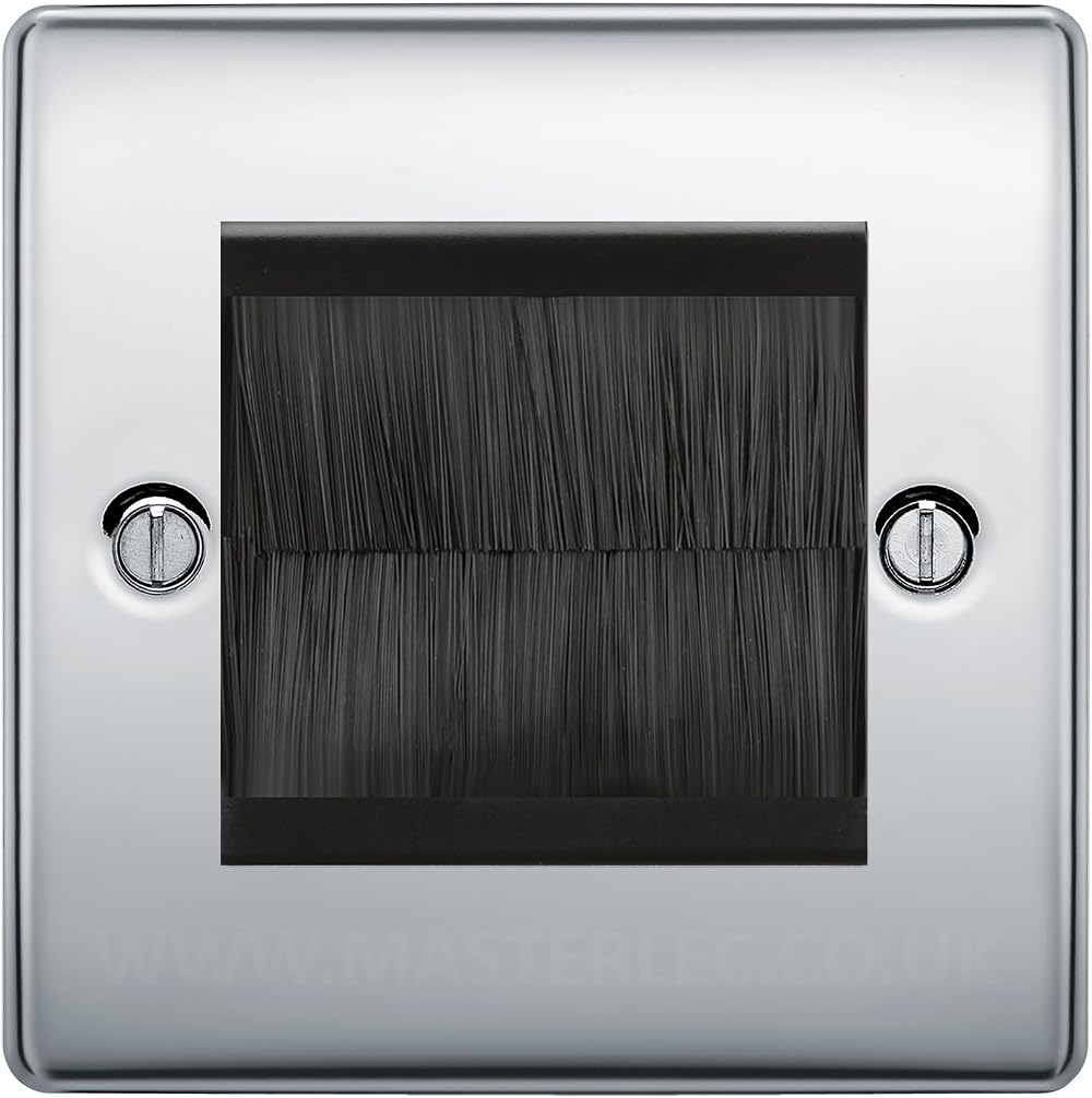 BG Polished Chrome 2 Gang Brush Cable Wall Plate Black Insert Square Screws