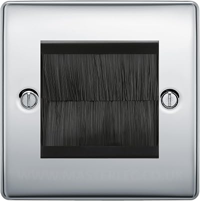 BG Polished Chrome 2 Gang Brush Cable Wall Plate Black Insert Square Screws