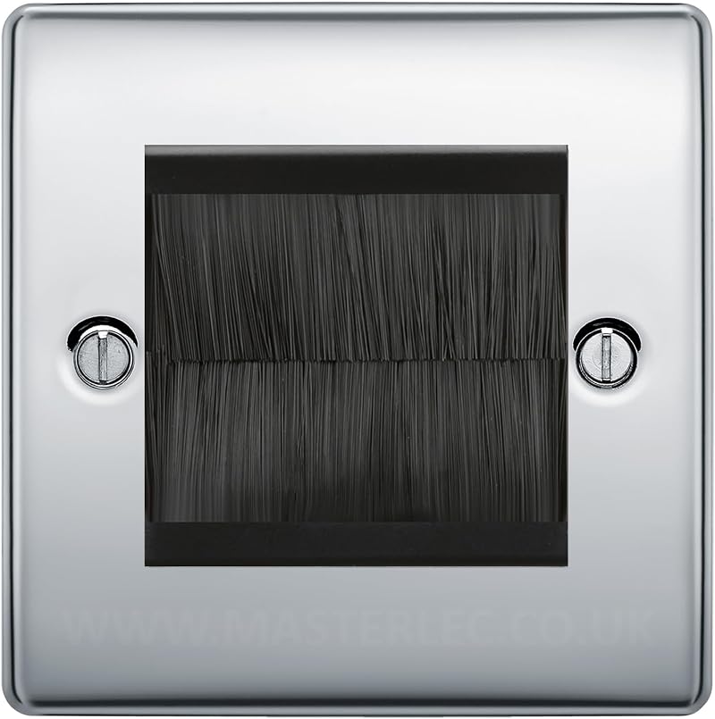 BG Polished Chrome 2 Gang Brush Cable Wall Plate Black Insert Square Screws