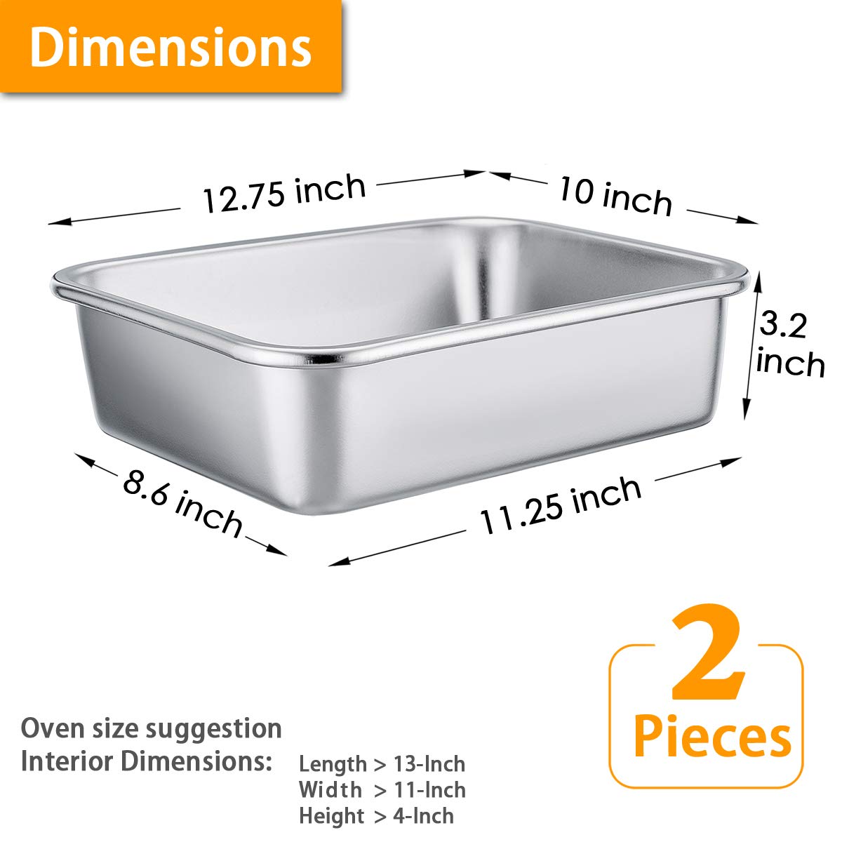 P&P CHEF Lasagna Pan Set, Stainless Steel Rectangular Baking Pan for Brownie/Cake/Meat, Non-Toxic & Heavy Duty, Deep Side & Rolled Rim, Brushed Surface & Dishwasher Safe, 12.7