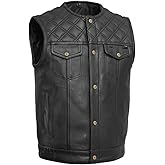 First Mfg Co Men’s Motorcycle Leather Vest, Club Style Premium Leather Biker Vest, Dual Zipper & Snap Closure