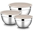 E-far Mixing Bowls with Lids, 6-Piece Stainless Steel Salad Bowls Metal Nesting Bowls for Baking Cooking and Prepping, Airtight Lids & Stackable Design, Size 4.5, 3, 1.5 QT (Khaki)