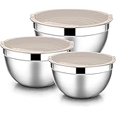 E-far Mixing Bowls with Lids, 6-Piece Stainless Steel Salad Bowls Metal Nesting Bowls for Baking Cooking and Prepping, Airtight Lids & Stackable Design, Size 4.5, 3, 1.5 QT (Khaki)